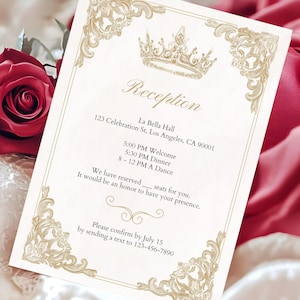 Elegant Wedding Invitation Card, Royal Crown Design, Gold and Red Theme, Customizable Text