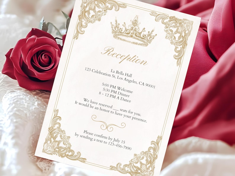 Elegant Wedding Invitation Card, Royal Crown Design, Gold and Red Theme, Customizable Text