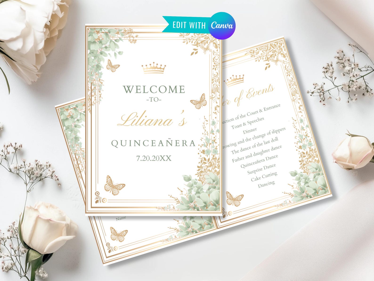Quince Program Templates Editable Quinceañera Program Template Bi-fold Sage Green Elegant Party ...