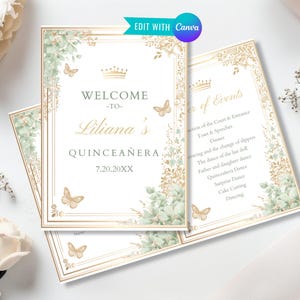 May include: Elegant quinceañera invitation with gold accents and butterfly details. The invitation features the text "Welcome to Liliana's Quinceañera" and event details. Includes a schedule of events with a floral and gold border.