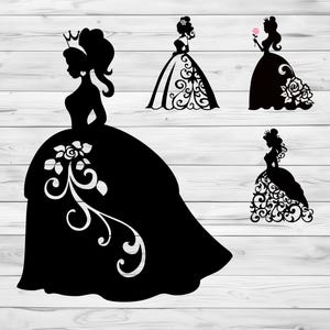 May include: Four black silhouette images of princesses wearing gowns with floral designs. The princesses are wearing crowns and some are holding roses.