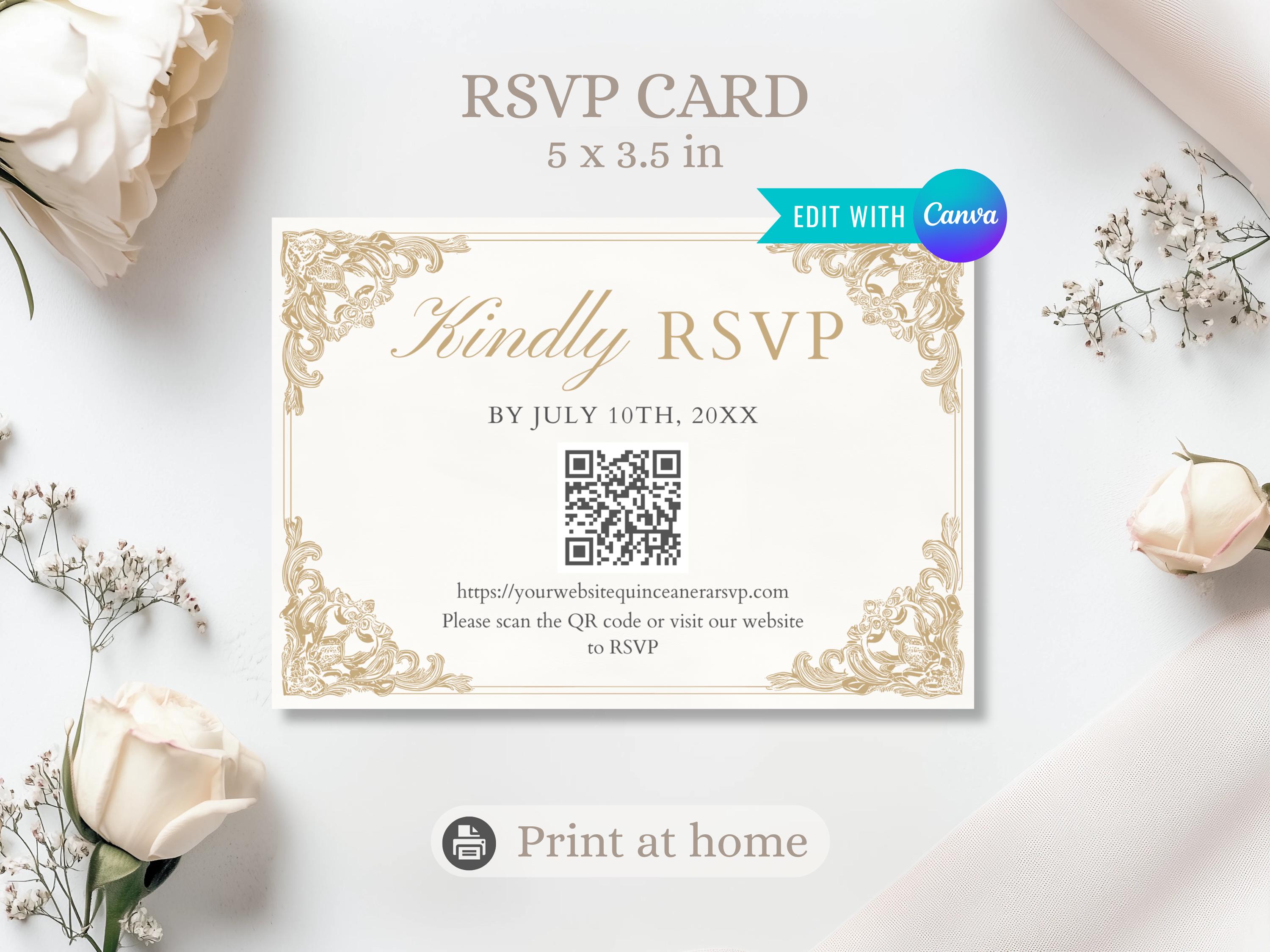 Editable Quinceañera RSVP Card With QR Code | Gold Elegant Reply