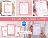 Editable Recipe Book Template | Pink Gingham Printable Recipe Pages, Cover & Divider | Kitchen Binder Pages