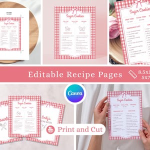 Pode incluir: Páginas de receitas em xadrez rosa e branco com o texto "Sugar Cookies". As páginas incluem listas de ingredientes e instruções. As palavras "Editable Recipe Pages" e "Print and Cut" também são visíveis. As páginas medem 21,6 x 27,9 cm e 12,7 x 17,8 cm.