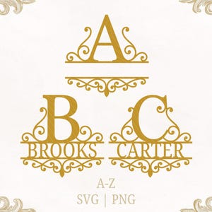 Peut inclure: Un graphique numérique doré présentant les lettres A, B et C dans une police serif. Les lettres B et C sont intégrées dans des cadres à volutes ornés avec les noms BROOKS et CARTER centrés en dessous. Le texte A-Z, SVG et PNG est visible.