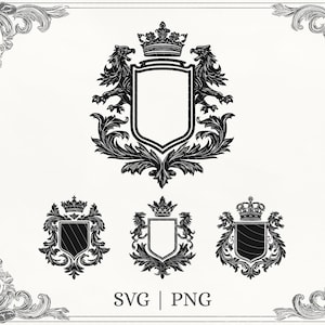 May include: Black and white heraldic crest designs. The main crest features a shield with a crown and two lions. Below are three smaller crests. The image includes the text "SVG | PNG".