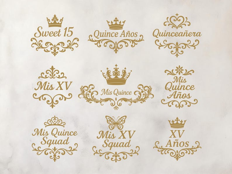 Quinceañera Gold Crown Decals, Sweet 15, Mis XV, Quince Años Stickers Set for Party Decorations