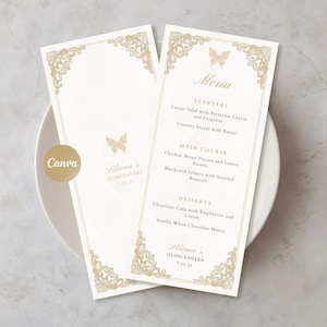 Może przedstawiać: Dwie kremowe karty menu ze złotymi dekoracyjnymi obramowaniami i motywami motyli. Menu zawiera przystawki, dania główne i desery. Wyświetlany jest tekst "Liliana's Quinceañera" wraz z datą 7.29.23.