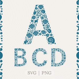 May include: A decorative design featuring the letters A, B, C, and D, each filled with blue seashell and coral illustrations. The letters are set against a cream background with wave-like patterns. Vertical borders with similar marine elements frame the design. The text "SVG | PNG" is at the bottom.