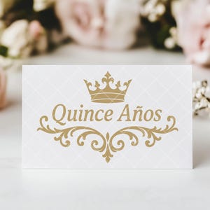 Elegant Quince Años Invitation Card, Gold Crown and Flourishes, Sweet Fifteen Celebration, Custom Party Invites