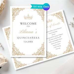 May include: White invitation cards with gold decorative borders and text. The cards read "Welcome to Liliana's Quinceañera" and list event details. The image includes flowers and the Canva logo.