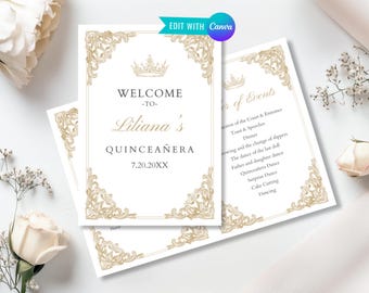 Editable Quinceañera Program Template Printable Elegant Gold Bi-Fold Program for Mis Quince Personalized Order of Events for Sweet 15