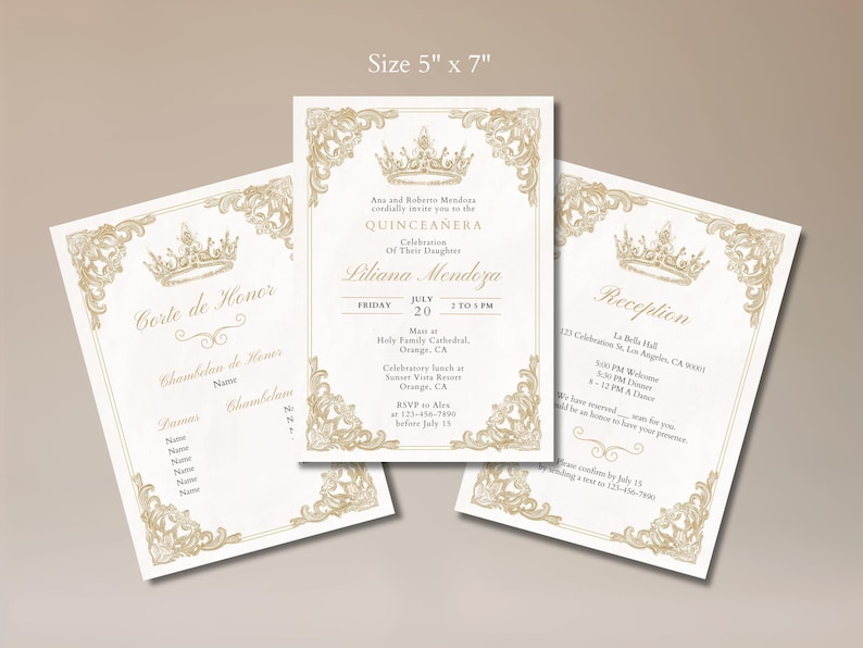 Elegant Quinceañera Invitation Cards, Gold Foil, Personalized Event Details, 5x7 inches Set of 50