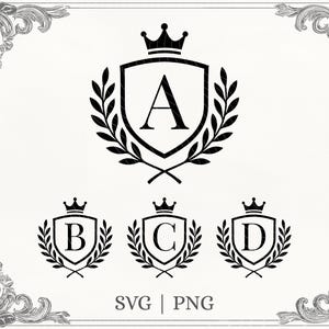 May include: Black and white heraldic crest designs featuring the letters A, B, C, and D, each topped with a crown. The crests are surrounded by laurel wreaths and the text "SVG | PNG" is at the bottom.