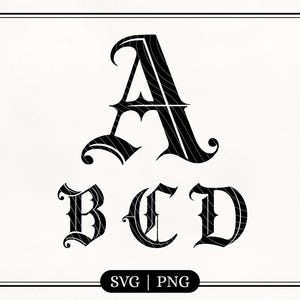 Puede incluir: Imagen en blanco y negro con las letras A, B, C y D en una fuente gótica. Las letras se muestran sobre un fondo blanco, con un borde negro. El texto "SVG | PNG" está incluido en la parte inferior de la imagen.