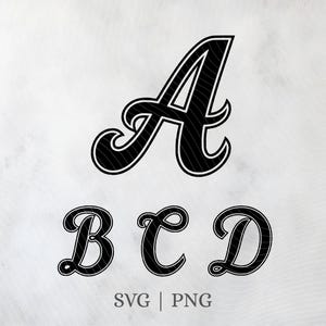 May include: Black and white digital graphic of the letters A, B, C, and D in a vintage script font. The letters are outlined in white with a black fill and a striped pattern. The image also includes the text "SVG | PNG".