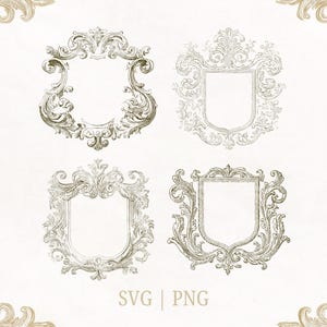 Puede incluir: Cuatro diseños de marcos ornamentados de estilo vintage en tonos dorados y grises, sobre un fondo crema. Cada marco presenta intrincados adornos y un espacio central en blanco. El texto "SVG | PNG" se muestra en la parte inferior.