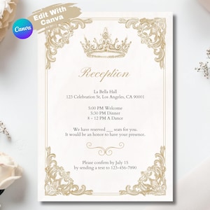 Elegant Wedding Reception Invitation Card, Vintage Floral Design, Customizable Text, Gold and Ivory