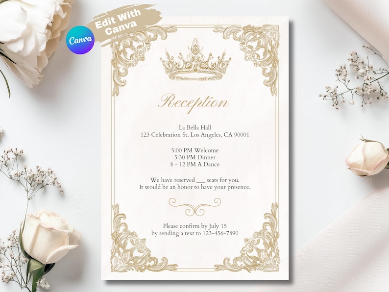 Elegant Wedding Reception Invitation Card, Vintage Floral Design, Customizable Text, Gold and Ivory