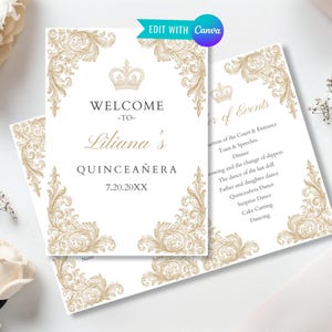 May include: Elegant white and gold Quinceañera invitation with ornate floral corner designs and a crown. The invitation reads "Welcome to Liliana's Quinceañera" and includes event details. The image also shows a list of events.