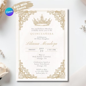 Elegant Quinceañera Invitation Template, Floral and Gold Frame, Customizable Party Card