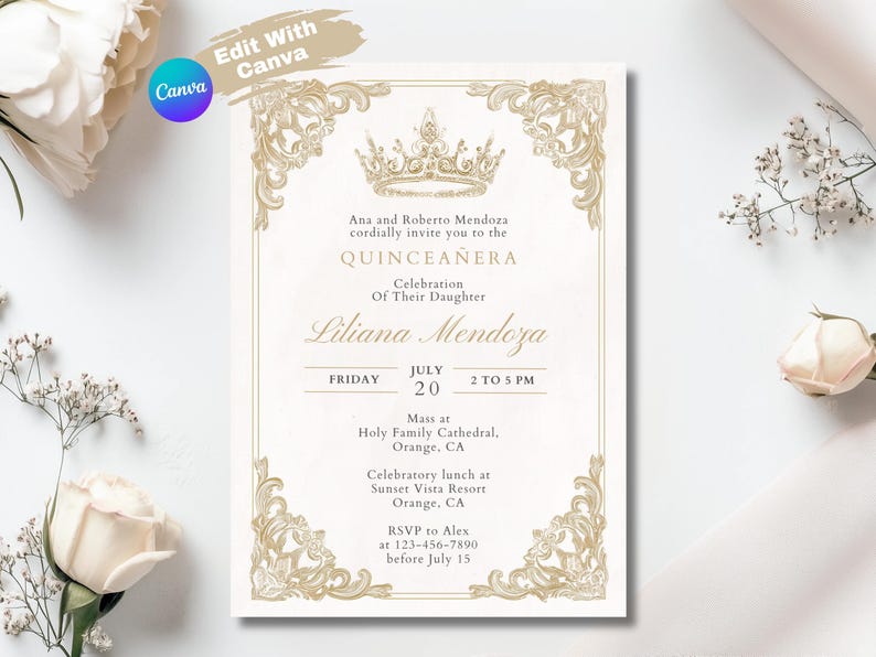 Elegant Quinceañera Invitation Template, Floral and Gold Frame, Customizable Party Card