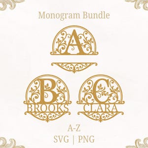May include: A digital monogram bundle featuring gold-coloured letters A, B, and C encased in ornate, circular, floral-patterned frames. The text Monogram Bundle, A-Z, and SVG | PNG are displayed. The design includes decorative corner flourishes.