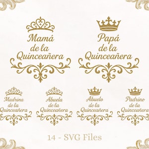 Elegante familienamen SVG-bundel mis kweepeer bijpassende Spaanse mooie titels met kroon voor Quinceañera Party Decor gesneden bestanden (digitale download)