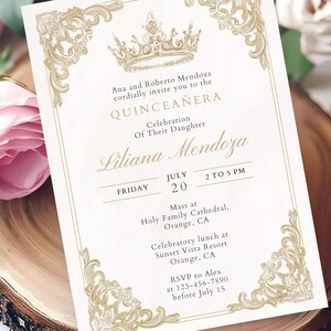 Elegant Quinceañera Invitation Card, Gold Foil Design, Personalized Party Details, Floral Accents