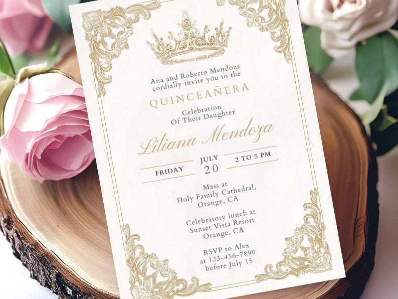 Elegant Quinceañera Invitation Card, Gold Foil Design, Personalized Party Details, Floral Accents