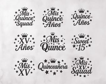 Paquete SVG Mis Quince: 15 diseños digitales para quinceañera (9 archivos SVG/9 PNG)