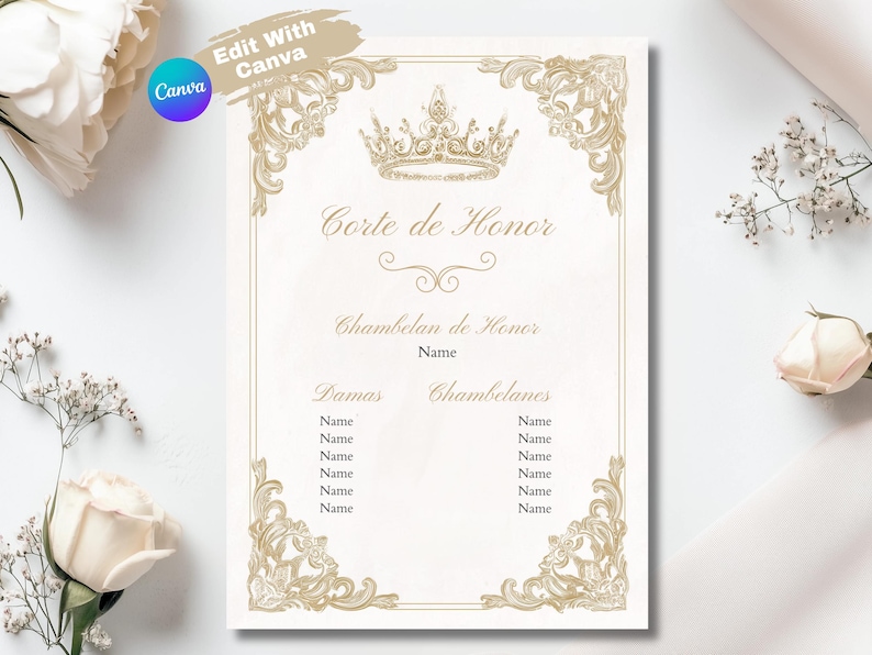 Customizable Quinceañera Court of Honor Invitation Template, Elegant Royal Theme Design