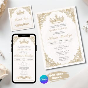 Elegant Quinceañera Invitation Set, Gold Frame, Phone Template, Editable in Canva