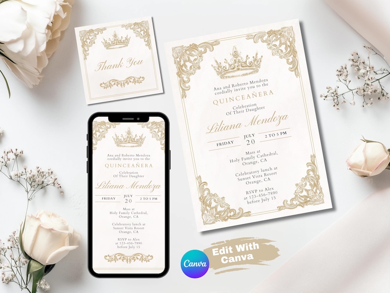 Elegant Quinceañera Invitation Set, Gold Frame, Phone Template, Editable in Canva