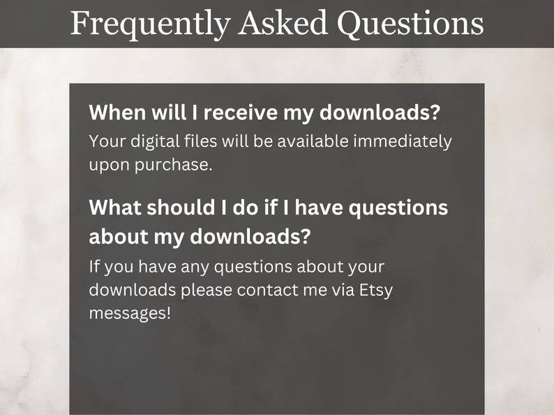 FAQ Digital Download Template, Etsy Shop Instant Download Guide, Customer Help File, Printable FAQ Sheet, Online Store Assistance Page