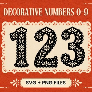 May include: Black decorative numbers 1, 2, and 3 featuring intricate floral and leaf patterns. The numbers are centered on a cream-colored rectangular background with a scalloped edge, set against a textured orange backdrop with text.
