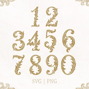 Op de afbeelding: Goudkleurige, sierlijke cijfers 0-9 in een decoratieve, vintage stijl. Elk cijfer is versierd met bloem- en bladachtige details. De afbeelding bevat de tekst "SVG | PNG" onderaan.