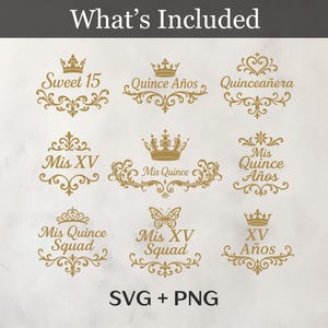 Quinceanera SVG Files, Sweet 15 Gold Crown Clipart, Mis XV PNG, Quince Squad Design, Birthday Celebration Digital Download for Crafting