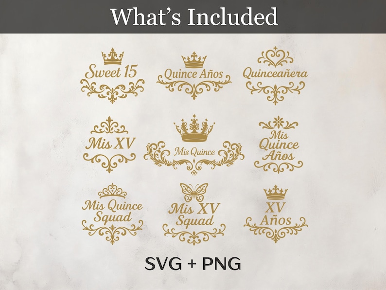 Quinceanera SVG Files, Sweet 15 Gold Crown Clipart, Mis XV PNG, Quince Squad Design, Birthday Celebration Digital Download for Crafting