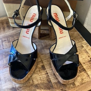 Rare Find! Miu Miu Black Patent Leather Cork Heels, very good pre-owned condition, Y2K, Designer Vintage, 4 in heels, Sz. 36.5, Italy, Shoes