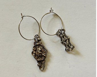 OOAK Upcycled Vintage Asymmetrical Hoop Charmer Earrings - Silver