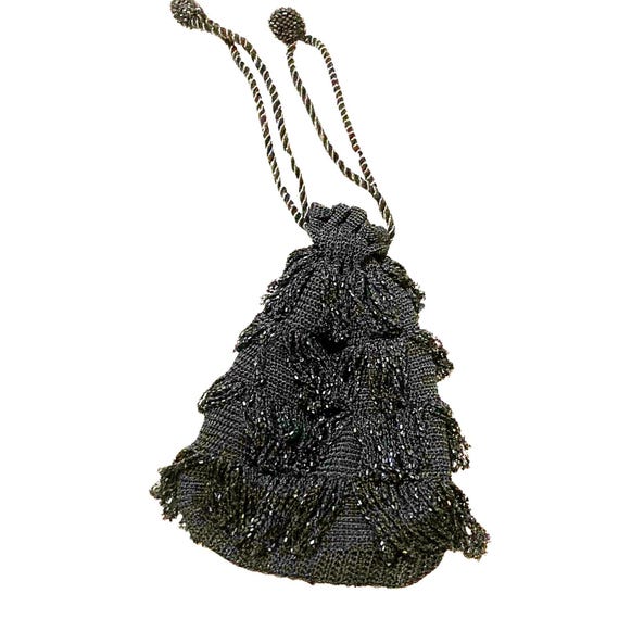 Vintage Knit Beaded, Drawstring "Flapper" Handbag… - image 1