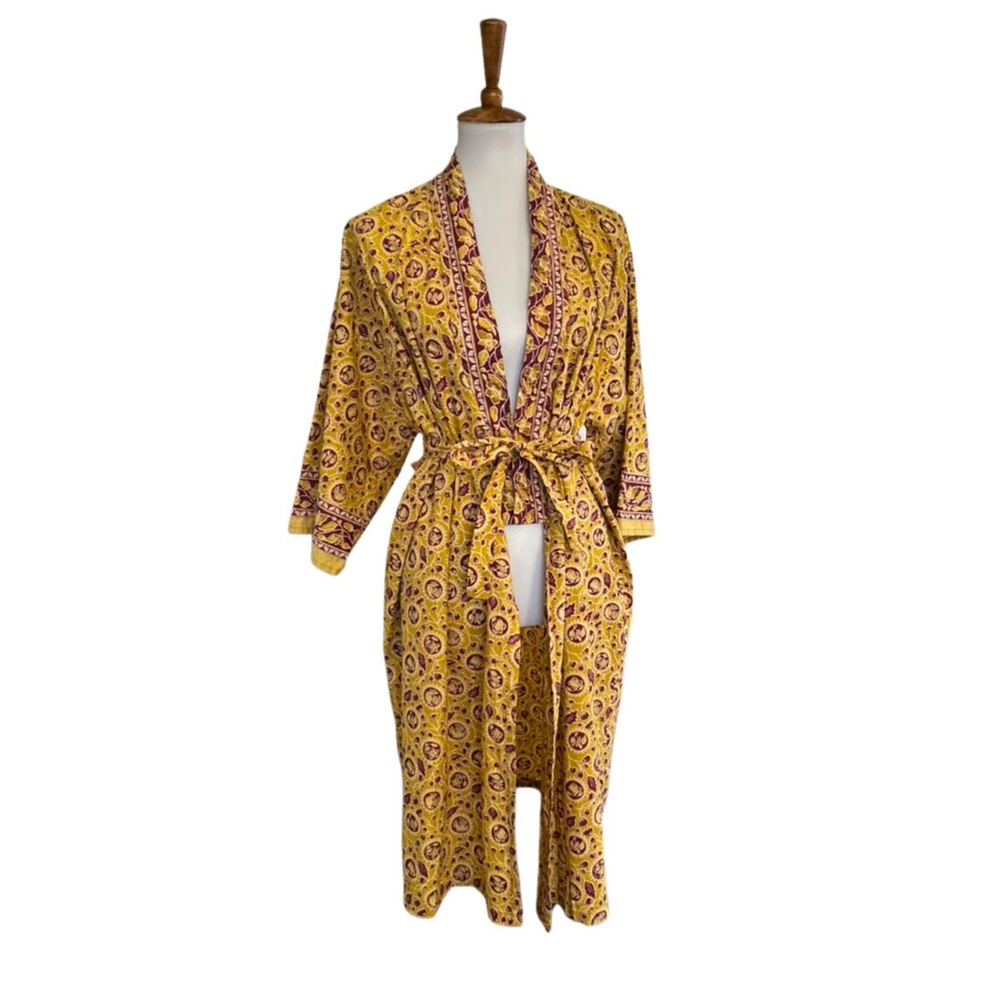 Vintage Boho Golden Yellow Floral Robe Kimono Wrap – Small, Artisan ...