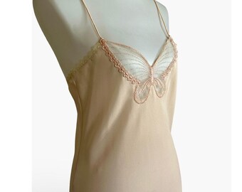 Vintage Papillon Paula Carbone Butterfly Slip Nightgown S High Slit Peach