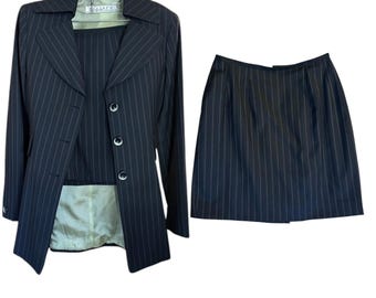 RARE 90s Tahari Made in Italy Skirt Suit Longline Pinstripe Blazer,