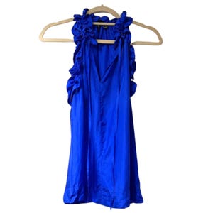 Vintage Y2K 100% Silk Ruffle Neck Sleeveless Blouse Cobalt Blue Top Size S