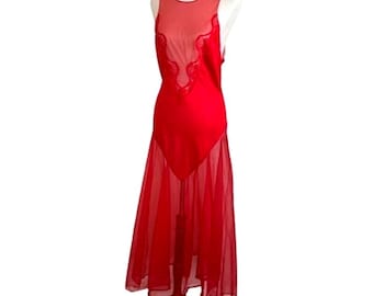 90s Vintage Red Satin & Mesh Lace Slip Gown Maxi