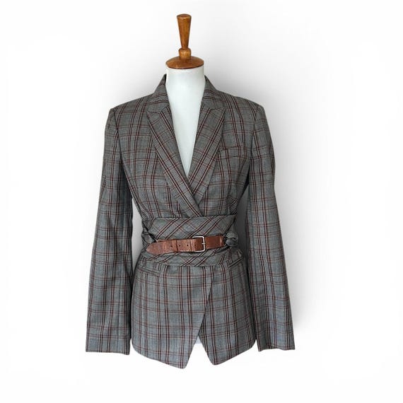Brunello Cucinelli, Brunello Cucinelli Vintage Wool Glen Plaid Belted Blazer IT 42