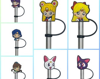 May include: Set of ten colorful character straw toppers featuring anime characters from Sailor Moon. Each topper is made of silicone and features a different character from the show. The toppers are designed to fit on standard-sized drinking straws.