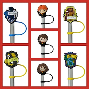 May include: Set of 10 Harry Potter themed pencil toppers. Each topper features a different Hogwarts house crest and a character from the Harry Potter series. The crests are in their respective house colors. The toppers are made of silicone and are designed to fit on pencils, pens, or other writing utensils.